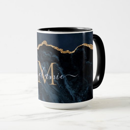 Agate Navy Blue Gold Marmor Monogram Name Tasse (VorderseiteRechts)