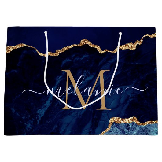 Agate Navy Blue Gold Marmor Name Letter Geschenkta Große Geschenktüte (Vorderseite)