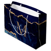 Agate Navy Blue Gold Marmor Name Letter Geschenkta Große Geschenktüte (Rückseite Schrägansicht)