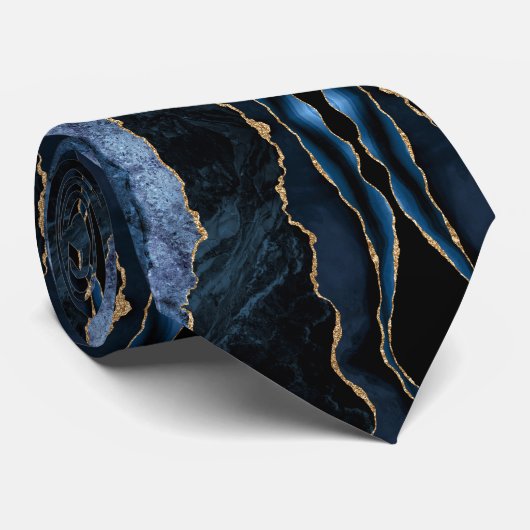Agate Navy Blue Gold Marmor Sparkle Neck Tie Krawatte (Gerollt)