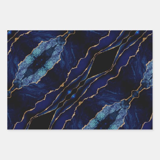 Agate Navy Blue Gold Marmor Wrapping Paper Sheets Geschenkpapier Set (Vorderseite)