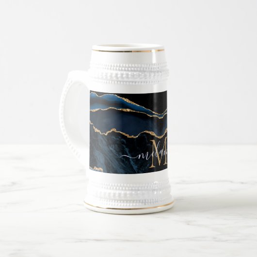 Agate Navy Blue Gold Marmorname Letter Beer Stein Bierglas (Vorderseite Links)