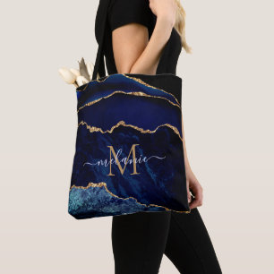 Agate Navy Blue Gold Marmorname Letter Tote Bag Tasche