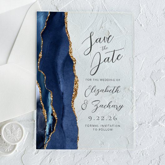 Agate Navy Blue Gold Moderne Script Hochzeit Acryleinladungen
