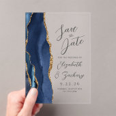 Agate Navy Blue Gold Moderne Script Hochzeit Acryleinladungen (Insitu (Handheld))