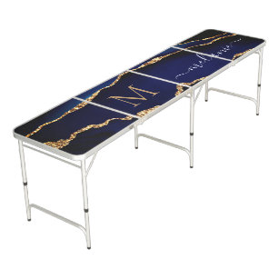Agate Navy Blue Gold Monogram Name Beer Pong Table