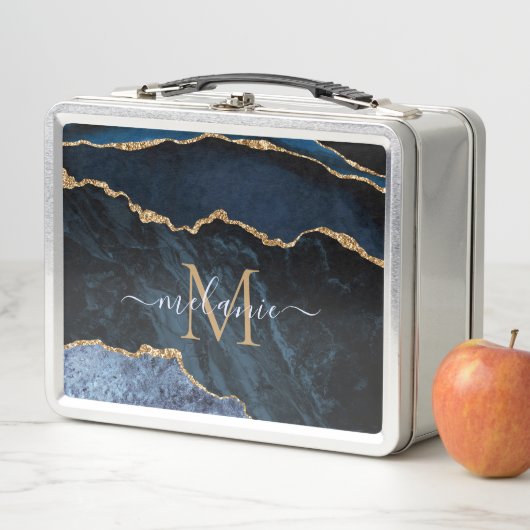 Agate Navy Blue Gold Name Letter Metal Lunch Box (Beispiel)