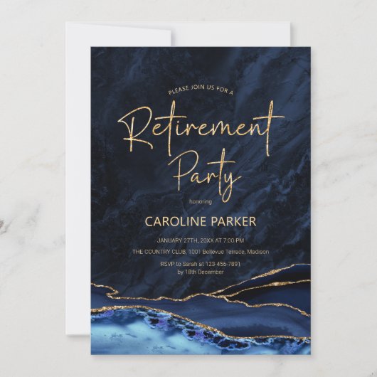 Agate Navy Blue Gold Retirement Party Einladung (Vorderseite)