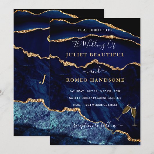 Agate Navy Blue Gold Rings Einladung Hochzeit (Vorne/Hinten)