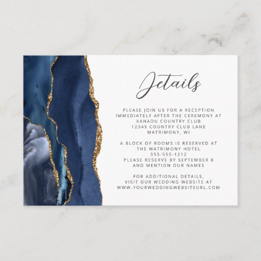 Agate Navy Blue Gold Script Hochzeitsdetails Begleitkarte (Vorderseite)