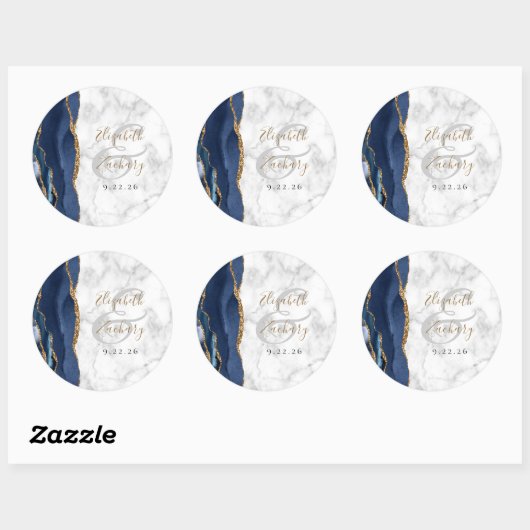 Agate Navy Blue Gold Script Marmorhochzeit Runder Aufkleber (Blatt)