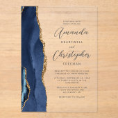 Agate Navy Blue Gold Script Wedding Acryleinladungen (Vorderseite)