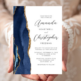 Agate Navy Blue Gold Script Wedding Einladung