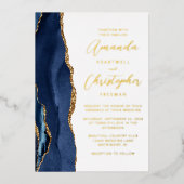 Agate Navy Blue Gold Script Wedding Folieneinladung (Vorderseite)