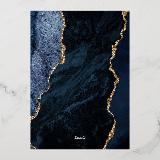 Agate Navy Blue Gold Script Wedding Folieneinladung (Rückseite)