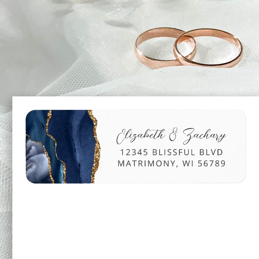 Agate Navy Blue Gold Wedding Rücksendeadresse