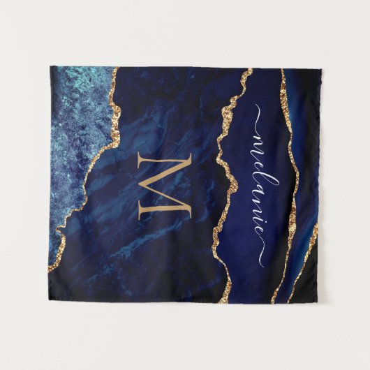 Agate Navy Blue Marble Tapestry Individuelle Name Wandteppich (Vorderseite (Horizontal))