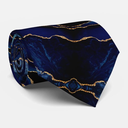 Agate Navy Blue Neck Tie Gold Glitzer Marmorgesche Krawatte (Gerollt)