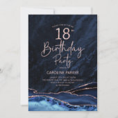 Agate Navy Blue Rose Gold 18. Geburtstag Einladung (Vorderseite)