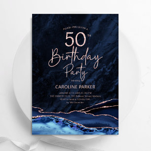 Agate Navy Blue Rose Gold 50. Geburtstag Einladung
