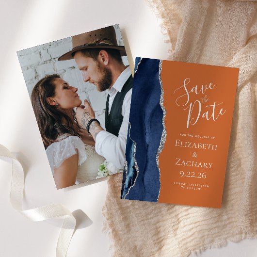 Agate Navy Blue Silver Burnt Orange Save the Date Einladung