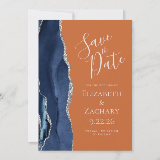 Agate Navy Blue Silver Burnt Orange Save the Date Einladung (Vorderseite)