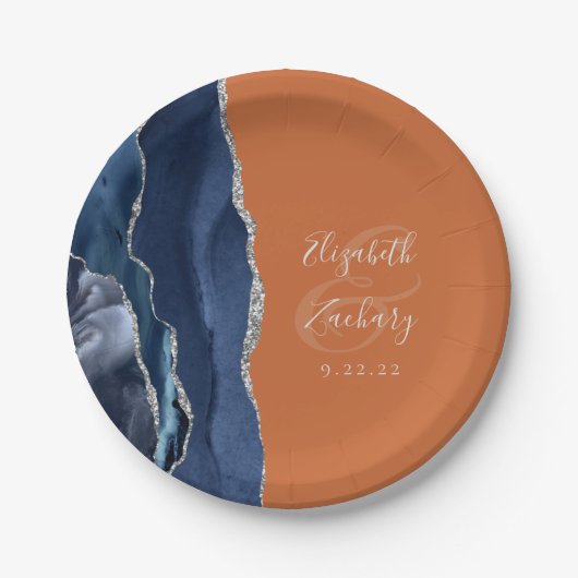 Agate Navy Blue Silver Burnt Orange Wedding Pappteller (Vorderseite)
