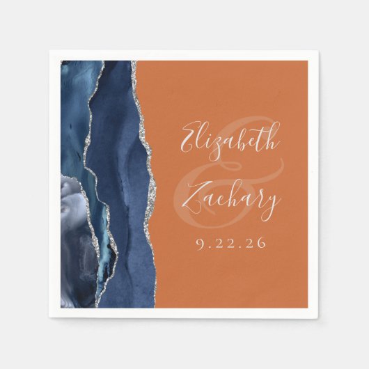 Agate Navy Blue Silver Burnt Orange Wedding Serviette (Vorderseite)