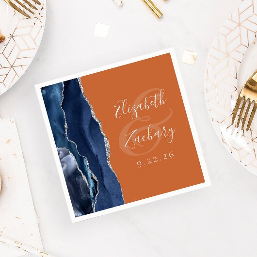 Agate Navy Blue Silver Burnt Orange Wedding Serviette
