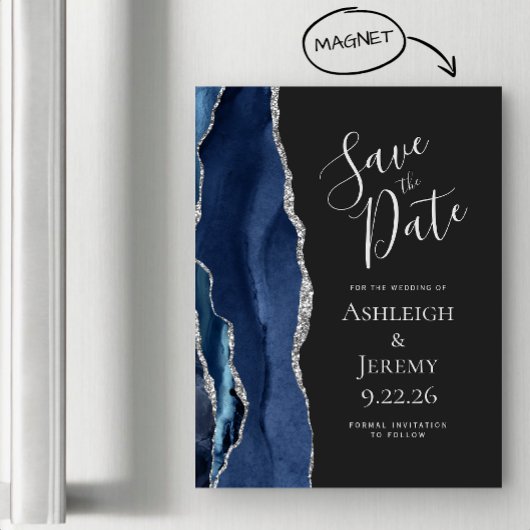 Agate Navy Blue Silver Dark Magnetic Save the Date Magnetkarte