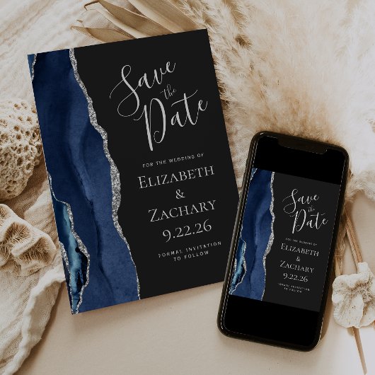 Agate Navy Blue Silver Dark Save the Date Card Einladung