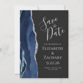 Agate Navy Blue Silver Dark Save the Date Card Einladung (Vorderseite)