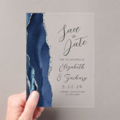 Agate Navy Blue Silver Modern Script Wedding Acryleinladungen (Insitu (Handheld))