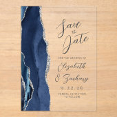Agate Navy Blue Silver Modern Script Wedding Acryleinladungen (Vorderseite)
