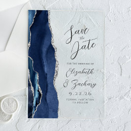 Agate Navy Blue Silver Modern Script Wedding Acryleinladungen