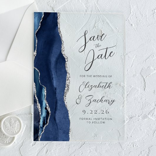 Agate Navy Blue Silver Modern Script Wedding Acryleinladungen