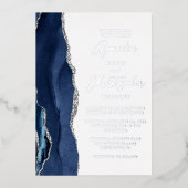 Agate Navy Blue Silver Modern Script Wedding Folieneinladung (Vorderseite)