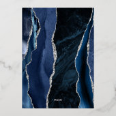 Agate Navy Blue Silver Modern Script Wedding Folieneinladung (Rückseite)