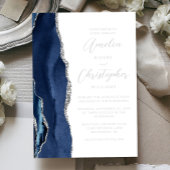 Agate Navy Blue Silver Modern Script Wedding Folieneinladung