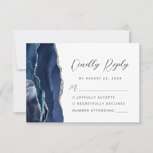 Agate Navy Blue Silver Modern Script Wedding RSVP Karte (Vorderseite)