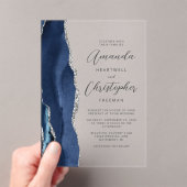Agate Navy Blue Silver Script Wedding Acryleinladungen (Insitu (Handheld))
