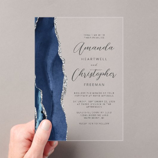 Agate Navy Blue Silver Script Wedding Acryleinladungen (Insitu (Handheld))