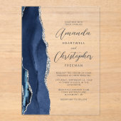 Agate Navy Blue Silver Script Wedding Acryleinladungen (Vorderseite)