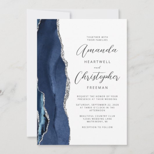 Agate Navy Blue Silver Script Wedding Einladung (Vorderseite)