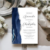 Agate Navy Blue Silver Script Wedding
