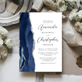Agate Navy Blue Silver Script Wedding Einladung