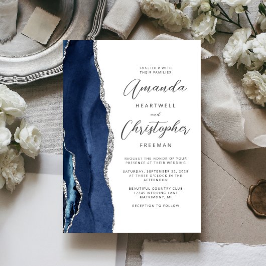 Agate Navy Blue Silver Script Wedding Einladung