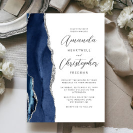 Agate Navy Blue Silver Script Wedding Einladung