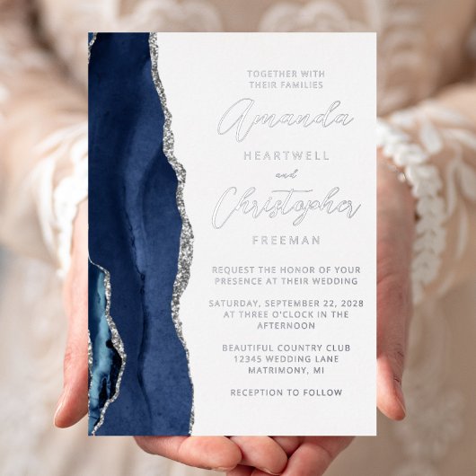 Agate Navy Blue Silver Script Wedding Folieneinladung