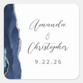 Agate Navy Blue Silver Script Wedding Quadratischer Aufkleber (Vorderseite)